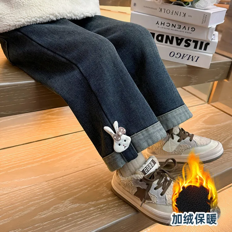 女宝宝加绒牛仔裤子秋冬加厚直筒裤儿童女童洋气可爱兔子冬款长裤