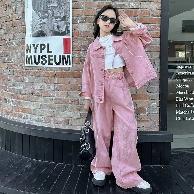 女童洋气套装秋季2024新款6-12岁15岁儿童时髦韩系扎染牛仔两件套