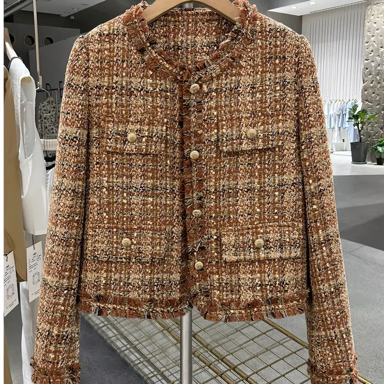 冬季内里夹羽绒秋冬女短外套女精织轻奢加绒加厚小香风编织复古风