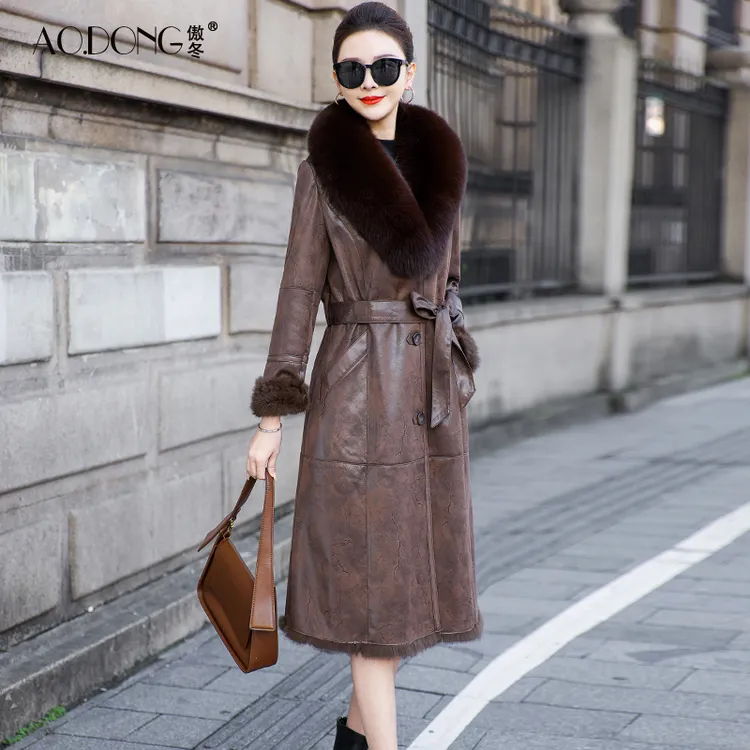 海宁兔毛皮草一体外套女狐狸毛领腰带大气中长款收腰气质大衣冬季