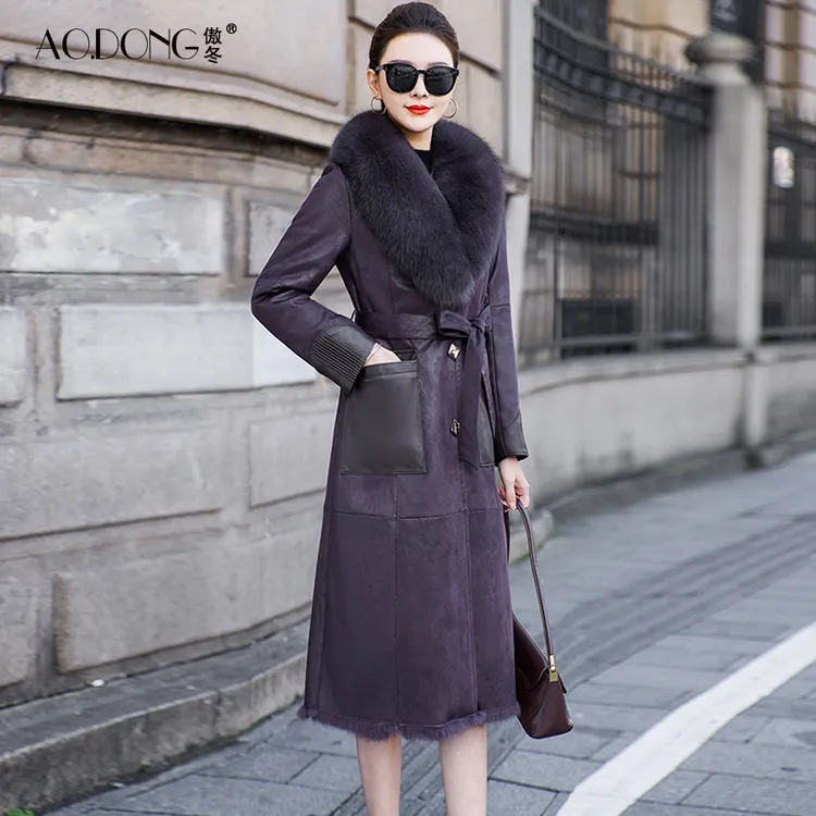 海宁兔毛皮草一体外套女狐狸毛领腰带轻奢中长款收腰气质大衣冬季