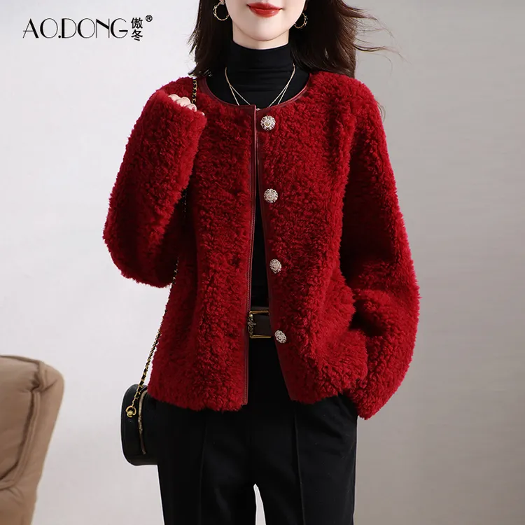 海宁颗粒绒皮草外套女装短款一体保暖圆领加厚韩版羊羔毛大衣冬季
