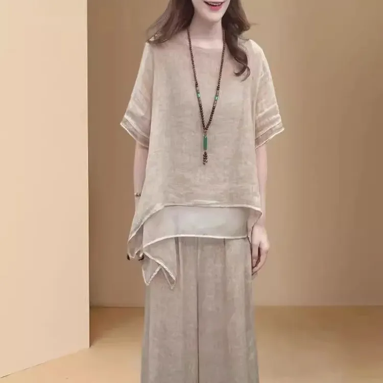 文艺复古天丝棉麻洋气女2024夏季新民族风宽松显瘦遮肚气质两件套