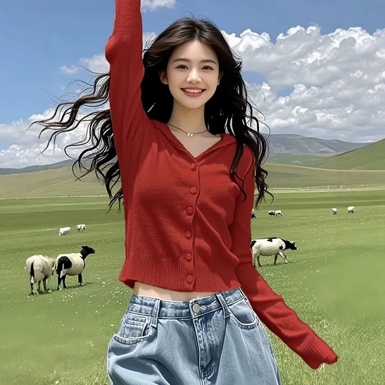 洋气独特别致红色连帽针织开衫女春秋设计感气质毛衣外套短款上衣