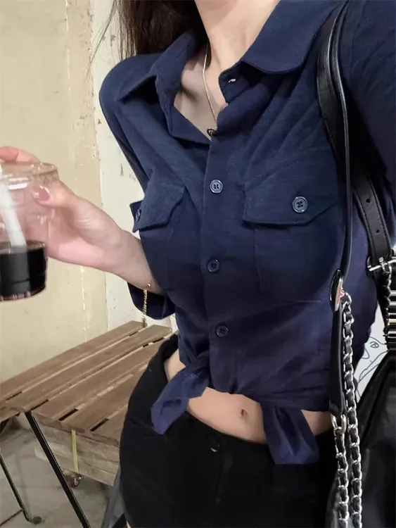 纯欲风气质修身长袖衬衫女春秋设计感收腰显瘦衬衣藏蓝色翻领上衣