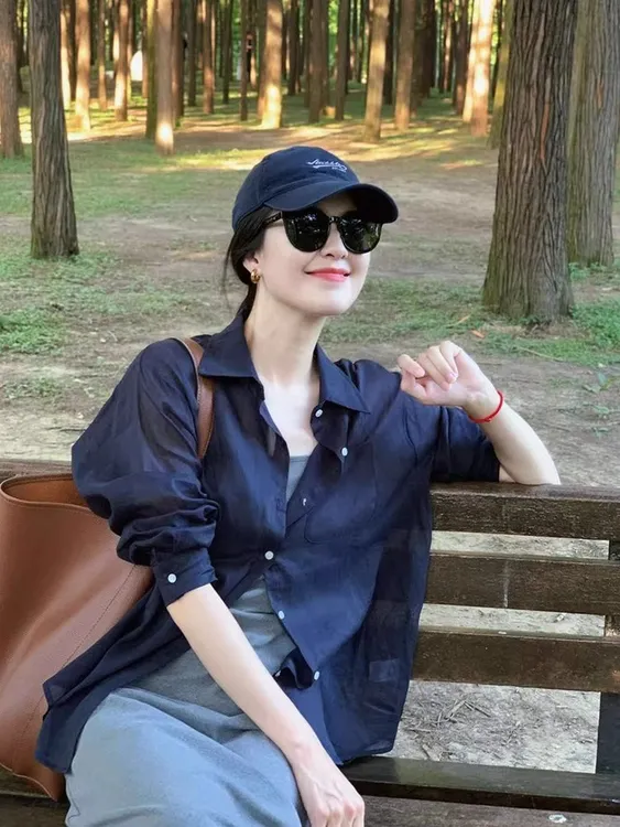 蓝色长袖防晒衬衫女春秋高级感气质外搭开衫舒适衬衣外套宽松上衣