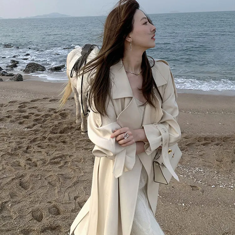 风衣外套女春秋高级感垂感2022新款大衣中长款韩风气质小个子白色