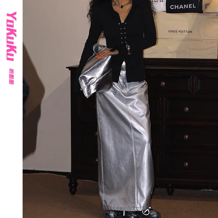 哟酷酷(太空漫步)秋冬小众复古金属感太空感开叉半裙包臀裙女装