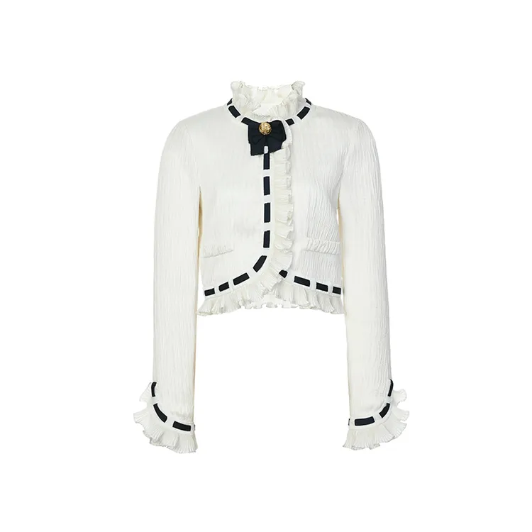 LeFame/拉飞姆2024冬季撞色条米白箱型上衣FF24D41SB183