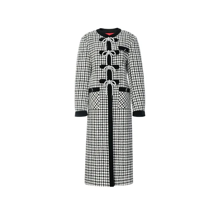 LeFame/拉飞姆复古经典蝴蝶结钻黑白格长大衣LF24Q51SY241