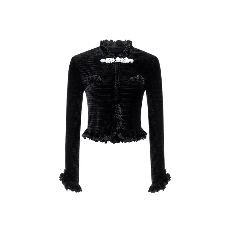 LeFame/拉飞姆冬精荷叶边丝绒压褶上衣经典线LF24D01SB022