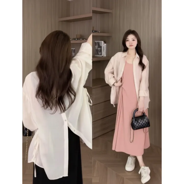 大码女装秋季新款时尚显瘦穿搭韩版设计感衬衫连衣裙子盐系轻熟