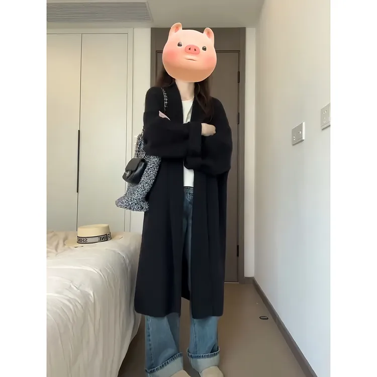 大码女装翻领针织外套2025秋季长款慵懒风毛衣开衫外套爆款上衣