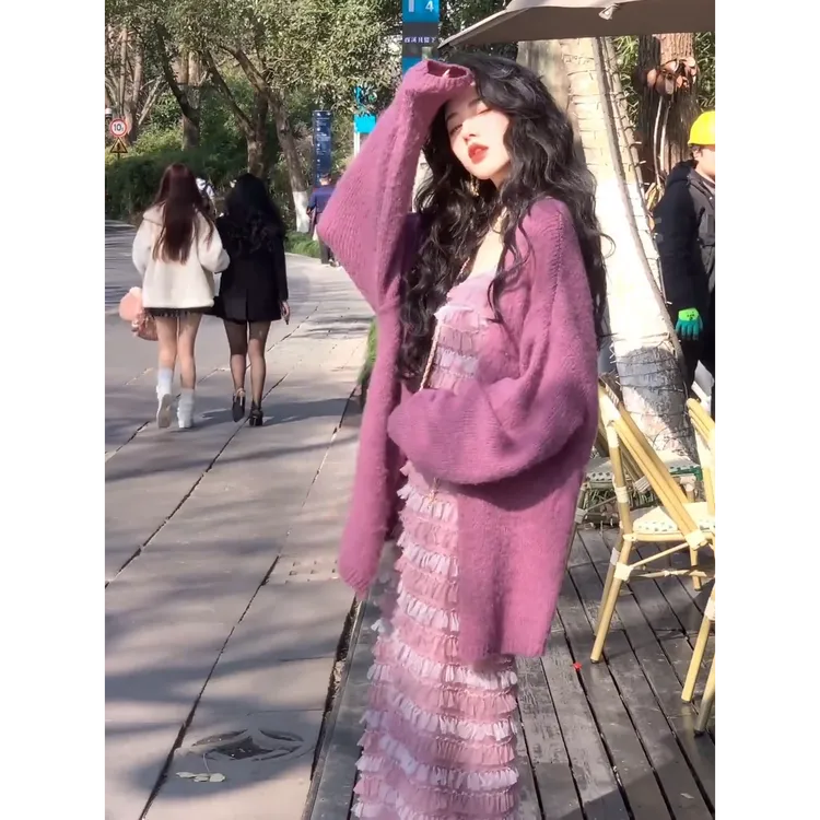 大码女装高级感吊带连衣裙2025新款宽松开衫毛衣外套毛衣女秋冬