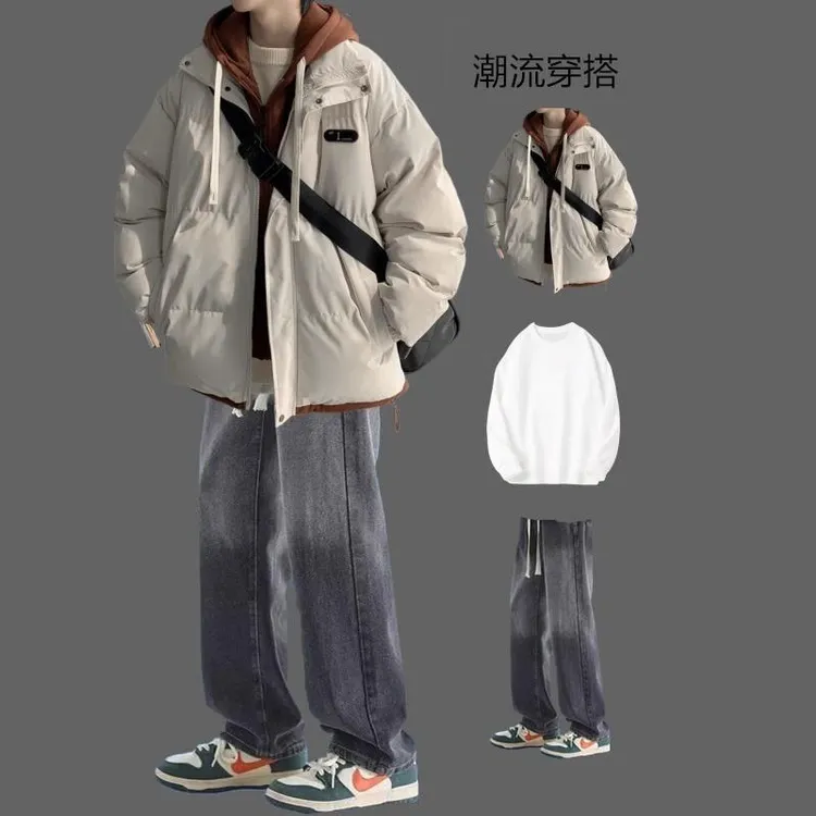 青少年套装男保暖假两件棉袄连帽外套冬季加厚棉服搭配男装牛仔裤