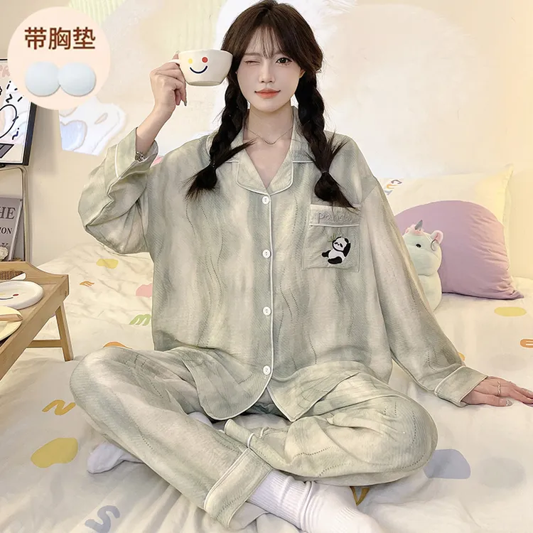 睡衣女春秋季长袖长裤带胸垫新款可外穿可爱甜美家居服套装秋冬天