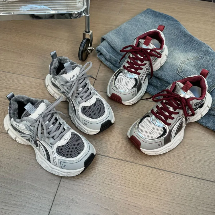 厚底水泥灰老爹鞋女鞋2025新款运动休闲鞋增高系带轻便跑步通勤鞋