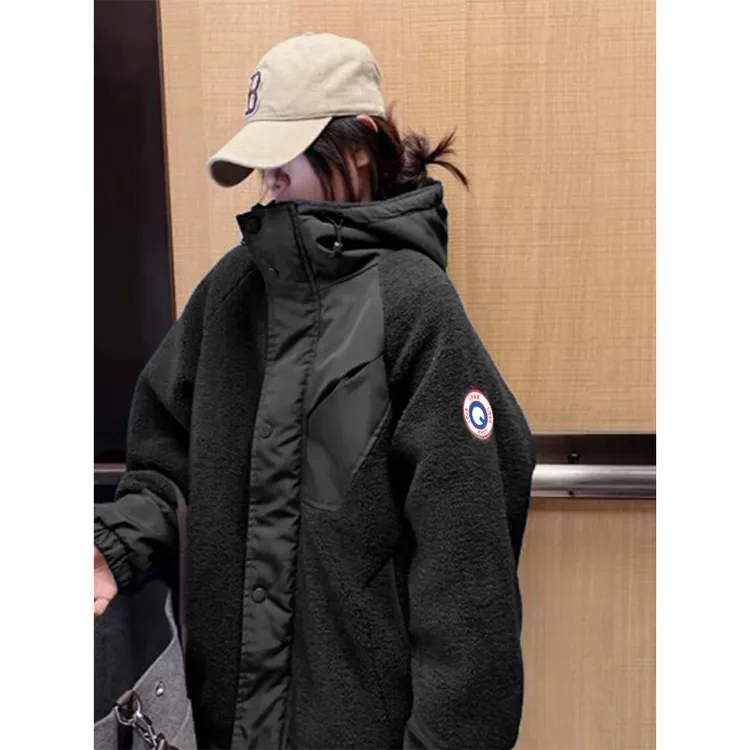 LDAB黑色毛绒外套女2025秋冬新款高级感潮牌美式百搭保暖加厚棉服