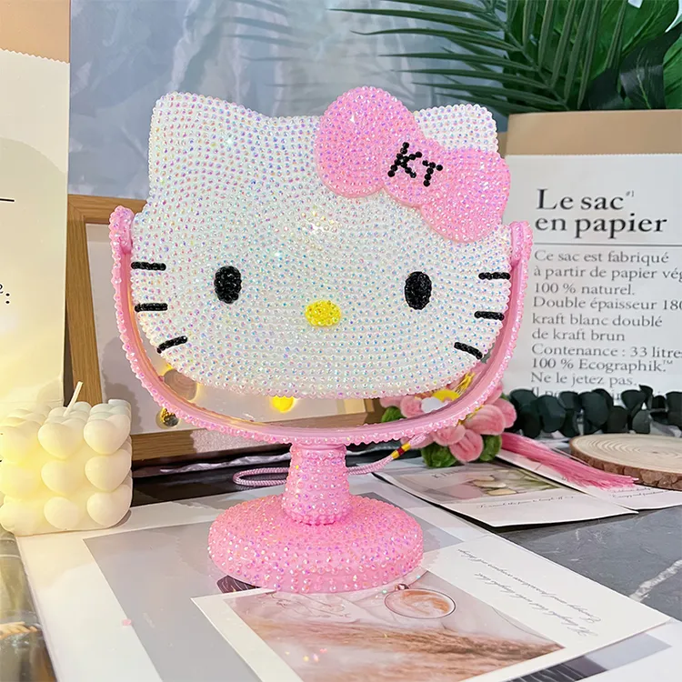 hello kitty猫咪贴钻镜子公主旋转台式镜KT化妆镜diy手工生日礼物