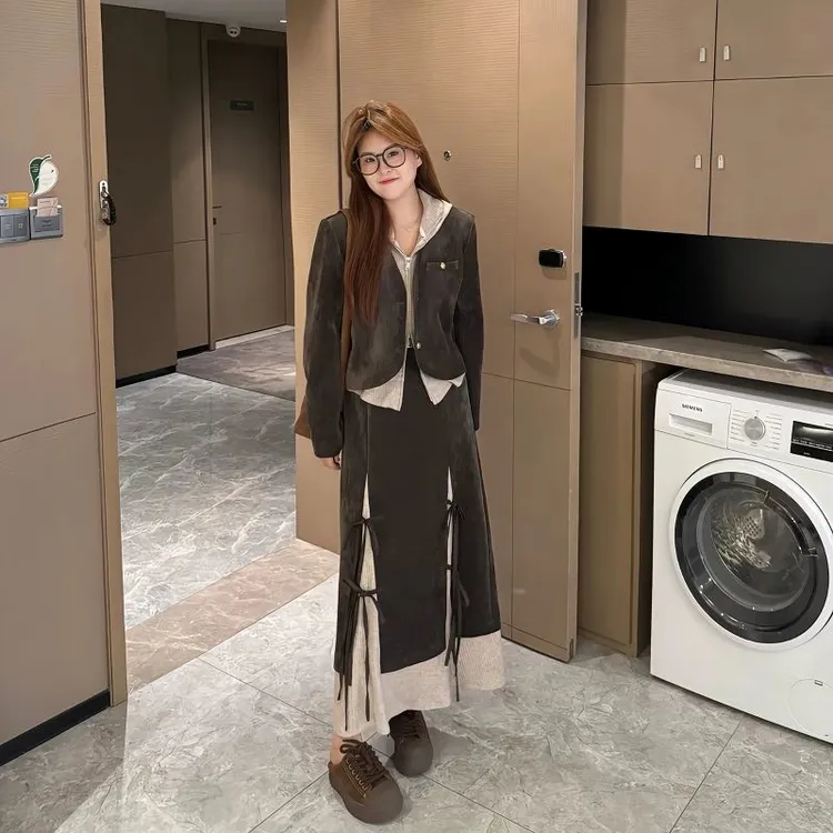 国风半裙套装大码微胖mm假两件灯芯绒外套秋季新款气质显瘦