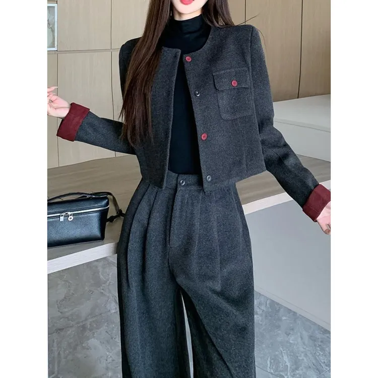 高级感灰色毛呢套装秋冬2024新款呢料撞色外套+阔腿裤时尚两件套
