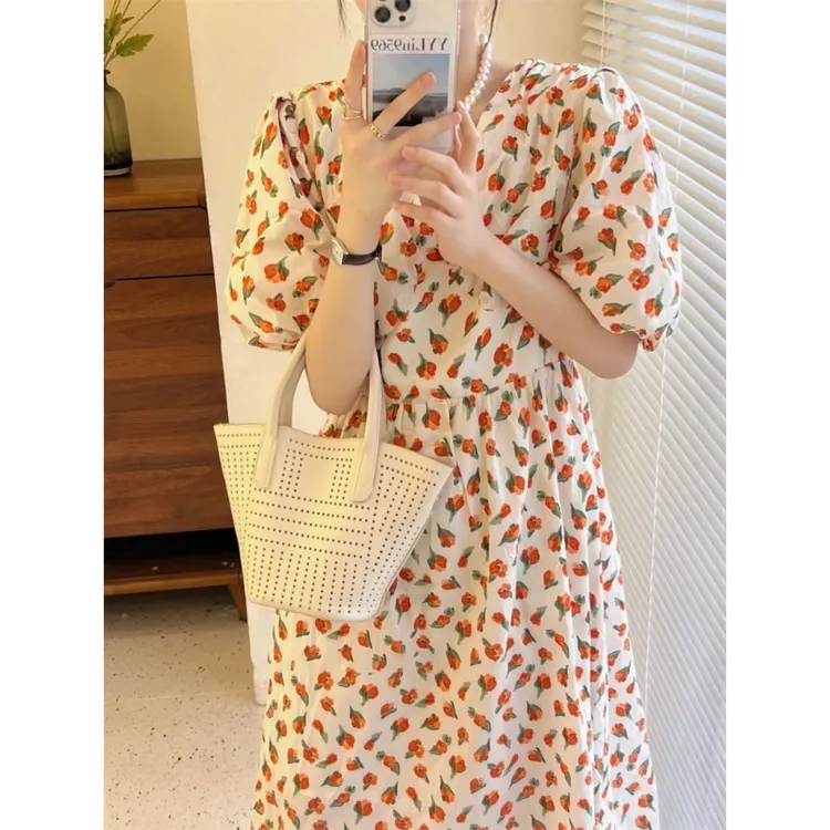 QDB4398夏季新款女温柔风高级感甜美茶歇法式桔梗风情碎花连衣裙