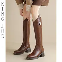 【王爵】真皮高筒靴不过膝/粗跟圆头瘦瘦靴/百搭棕色长筒骑士靴子