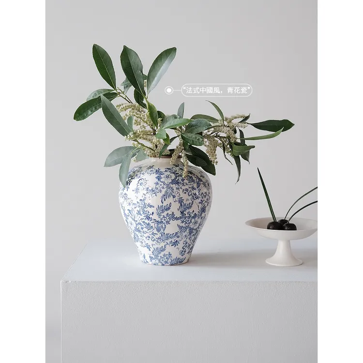 久伴法式复古青花瓷陶瓷花瓶水培鲜花插花冰裂纹客厅桌面装饰摆件