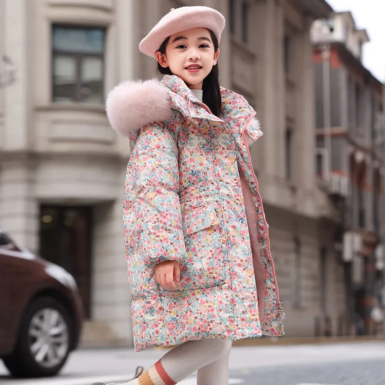 2025新款女童羽绒服中长款儿童小中大童洋气碎花保暖冬季加厚外套
