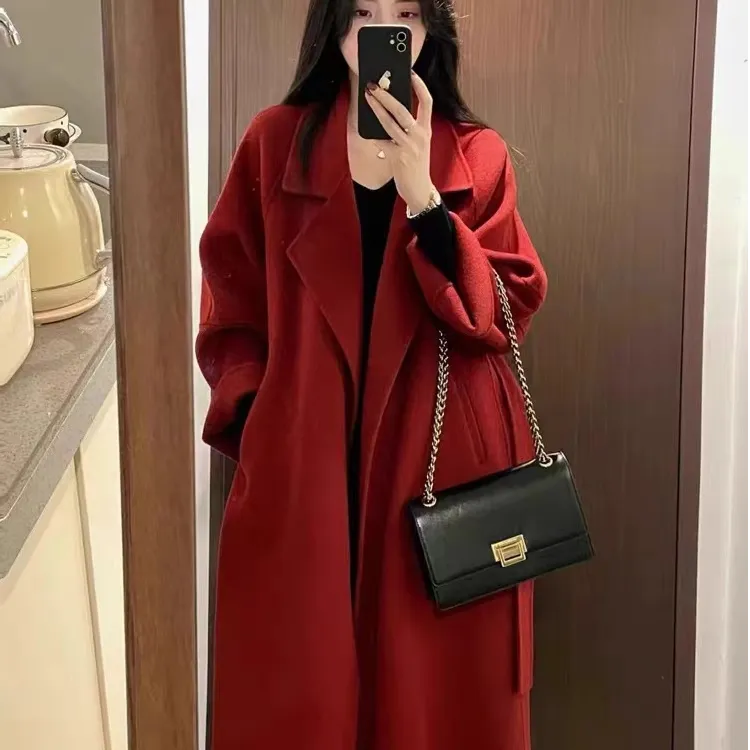 红色双面呢大衣女2023年秋冬季新款中长款高级感韩系羊毛呢外套