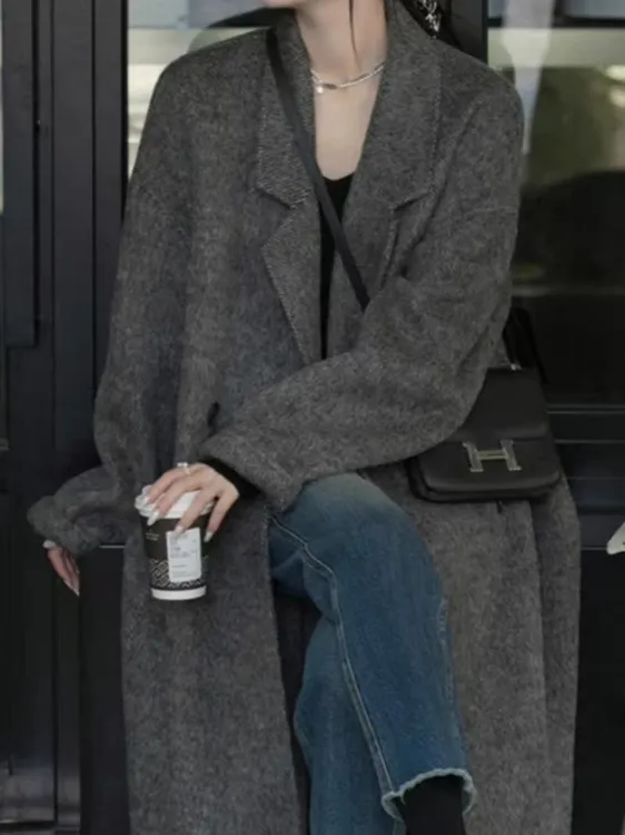 内胆双面呢子大衣女中长款2025秋冬韩版宽松小个子毛呢外套