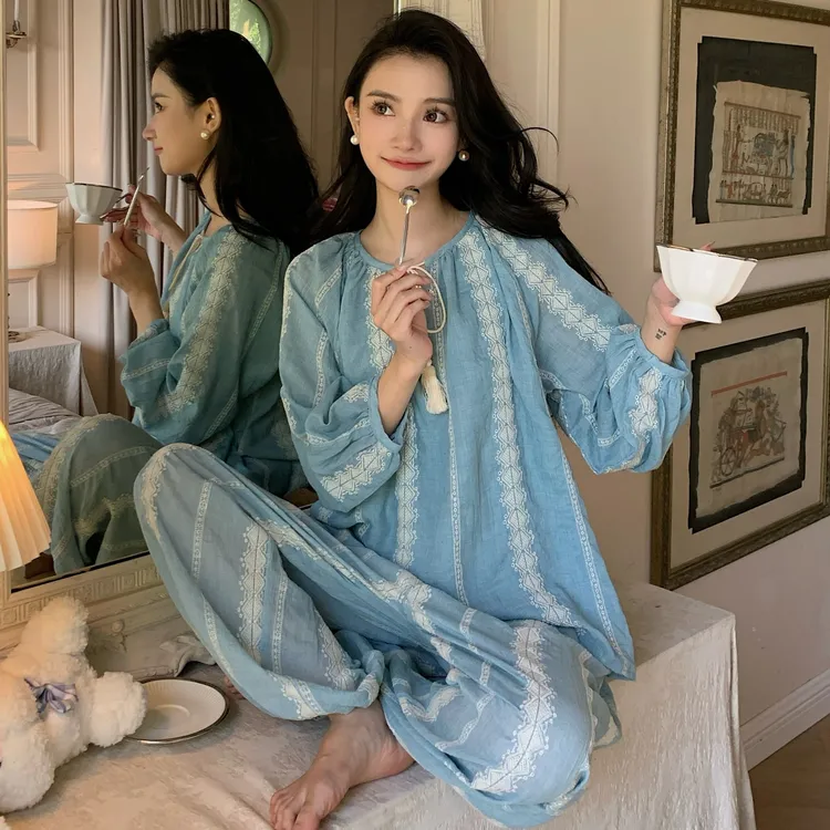 睡衣女秋季长袖长裤韩版甜美蕾丝条纹家居服两件套装春夏