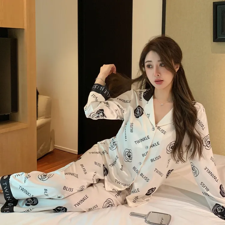 【黑领山茶花】睡衣小众设计长袖舒适可外穿家居服套装女