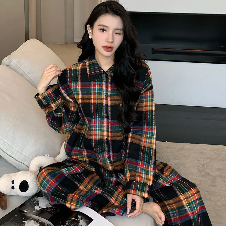 【魔卡少女】复古格子polo领衬衫睡衣女秋季韩版长款宽松休闲套装