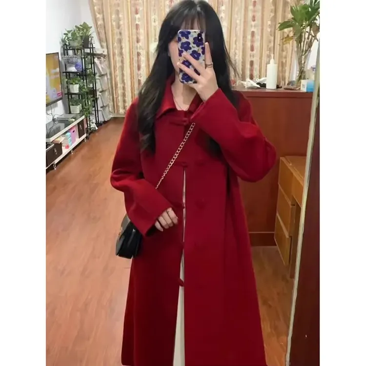 呢子大衣女2024秋冬季新款长款娃娃领气质韩系高级感红色毛呢外套