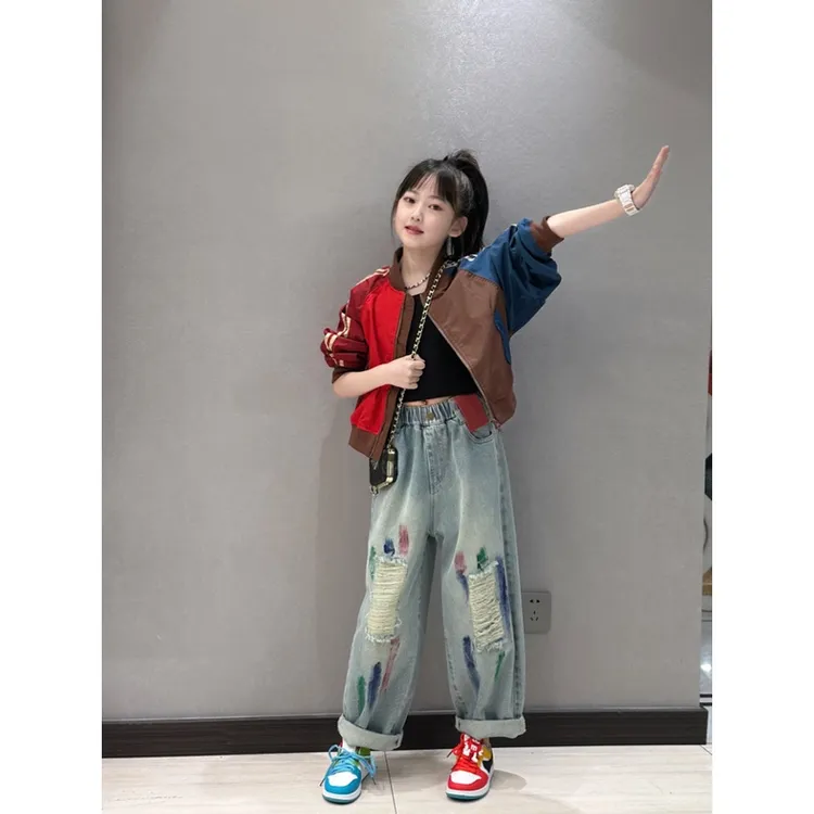 女童男童撞色夹克衫外套新款韩版儿童时髦短休闲牛仔裤
