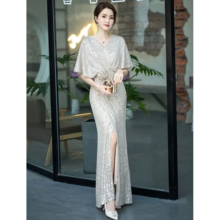 高贵浅杏色法式修身名媛轻奢显瘦气质高档珠片裙长款晚礼服优雅