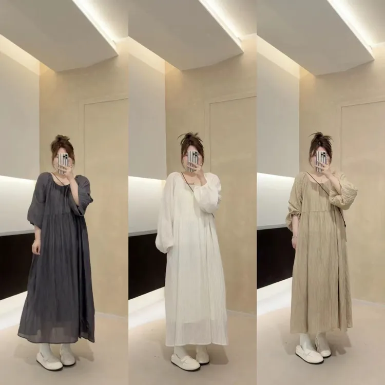 晶咕【初晴烟雨】皱褶质感露背中长款连衣裙气质宽松禅意风时尚款