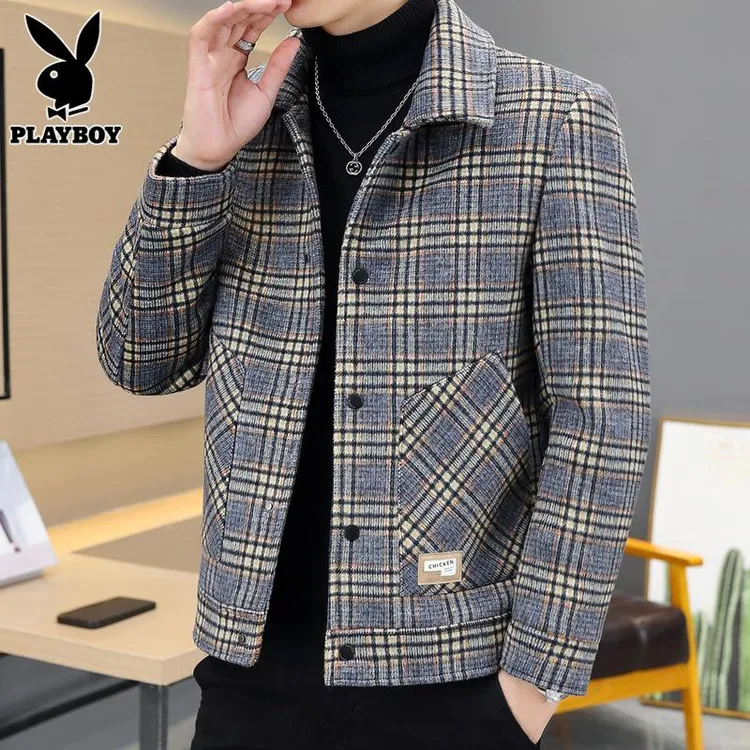 花花公子格子韩版大衣男士潮流呢子夹克冬季短款修身时尚外套男装