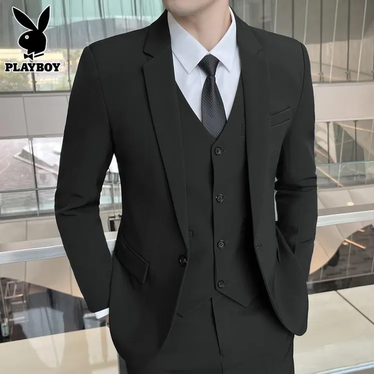花花公子休闲西服男士商务正装秋季潮牌结婚礼服新款黑西装外套男