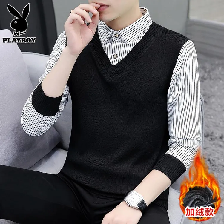 花花公子假两件翻领毛衣男士打底线衣服冬季新款加绒针织衫上衣服