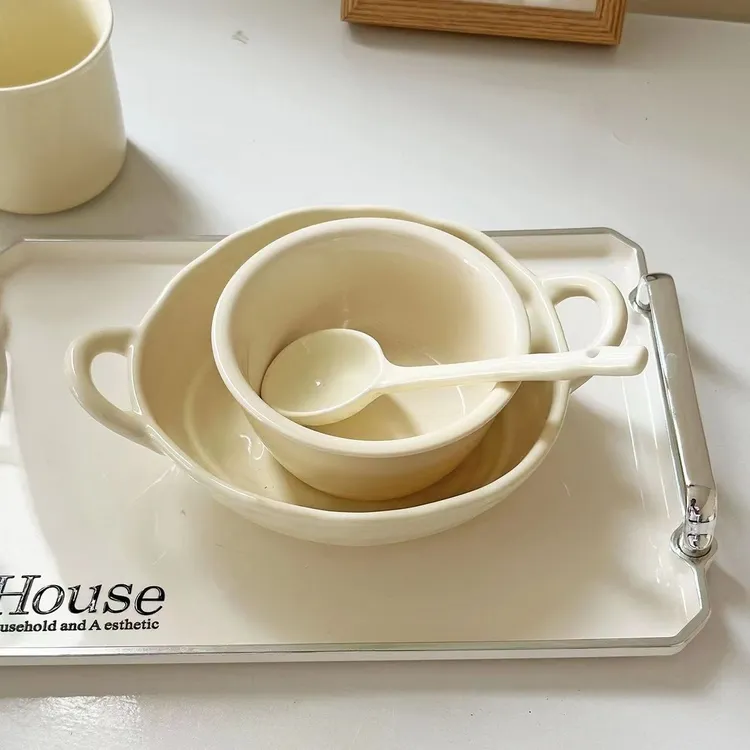 【3件套】奶fufu不规则双耳汤面碗釉下彩陶瓷碗泡面碗大容量带勺