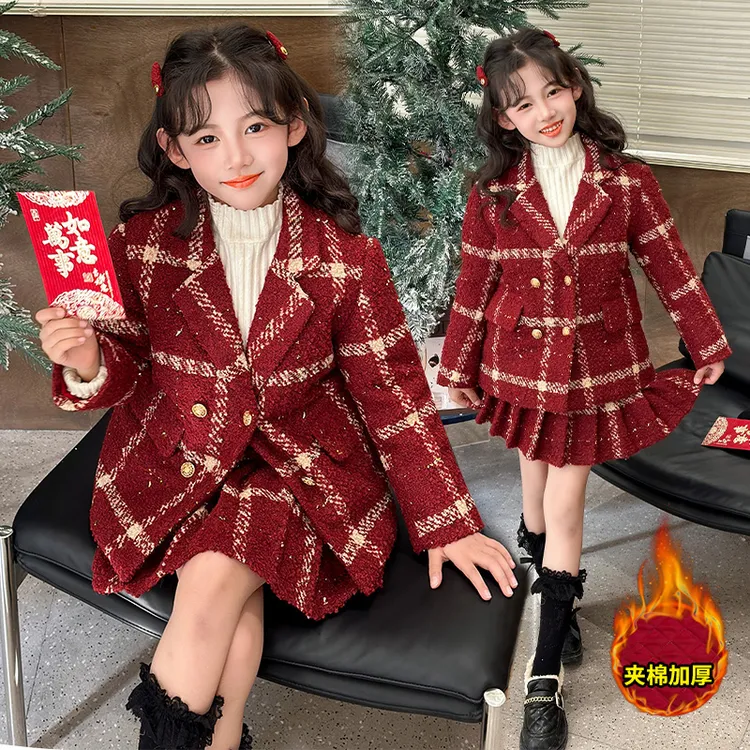女童拜年服小香风套装冬季洋气百褶裙儿童红色加厚加绒JK两件套潮