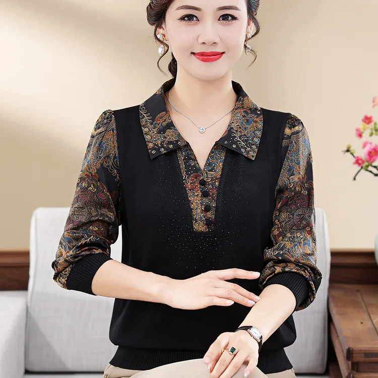 2024新款妈妈秋装纱袖T恤上衣中老年女春秋洋气打底小衫长袖薄款