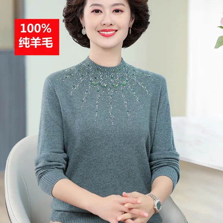 中年妈妈秋装羊毛衫女100%纯羊毛半高领打底衫秋冬新款中老年毛衣