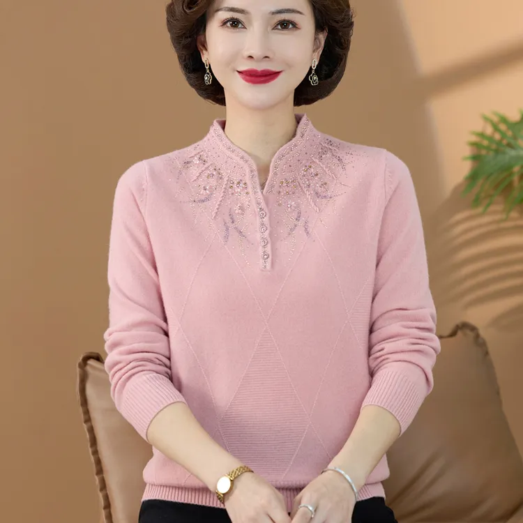 羊毛衫女100%纯羊毛衫中年妇女妈妈装秋冬毛衣洋气中老年女打底衫