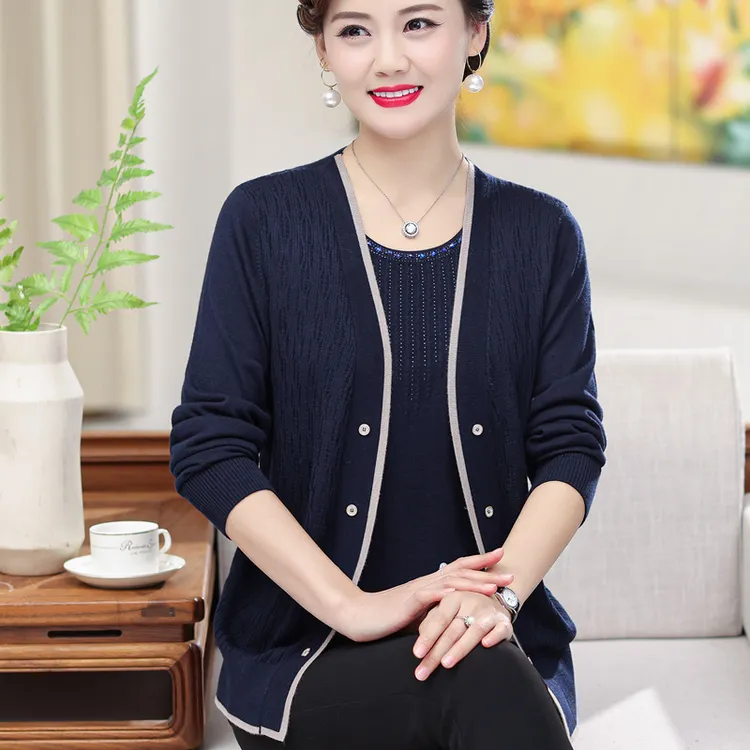 中老年人女春装新款薄针织开衫中年妈妈春秋假两件外套上衣服外搭
