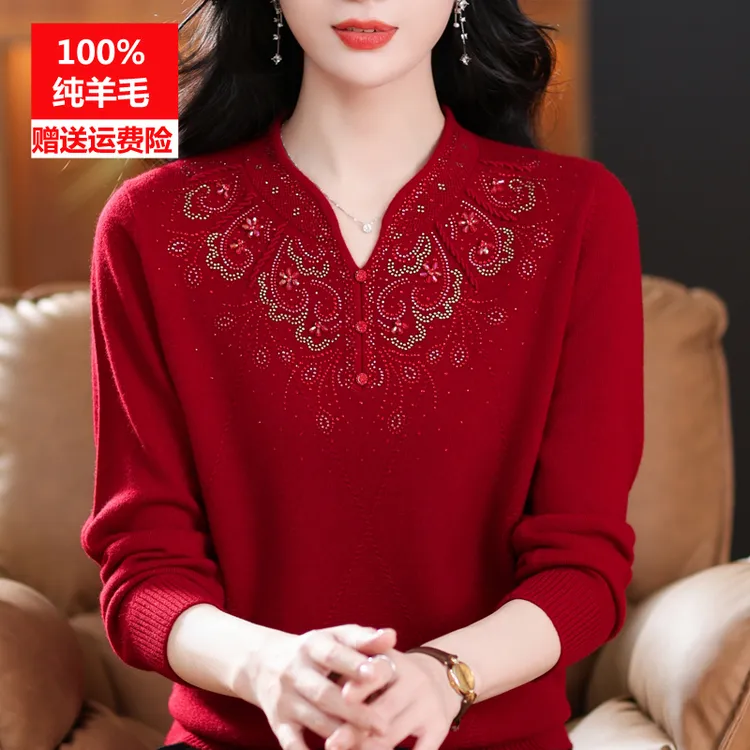 本命年红色羊毛衫女100纯羊毛中老年旗袍领毛衣妈妈秋冬装打底衫