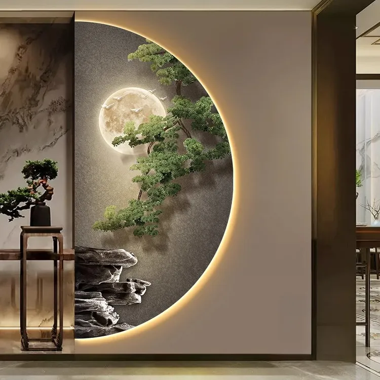新中式迎客松入户玄关装饰画高级感大气客厅壁灯走廊尽头半圆挂画