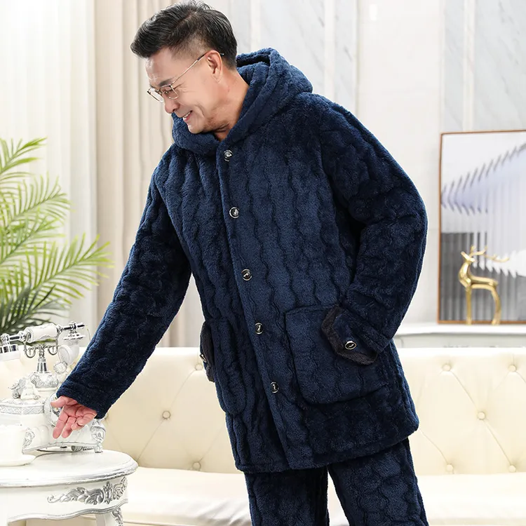 中老年爸爸睡衣男冬季加厚加绒三层珊瑚绒夹棉老人连帽家居服套装